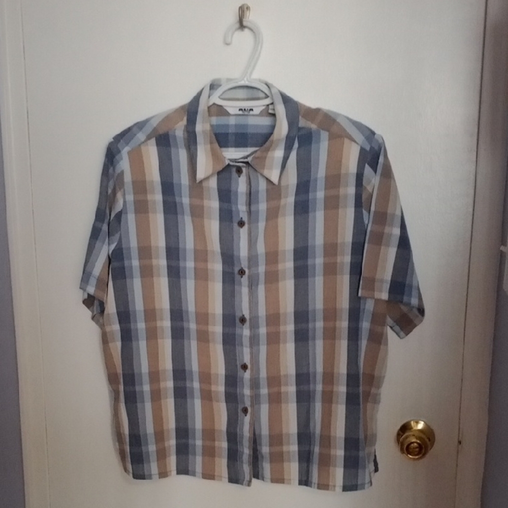 Vintage Pit To Pit 25.Alia Petites Blue and Tan Plaid Blouse Relaxed Fit